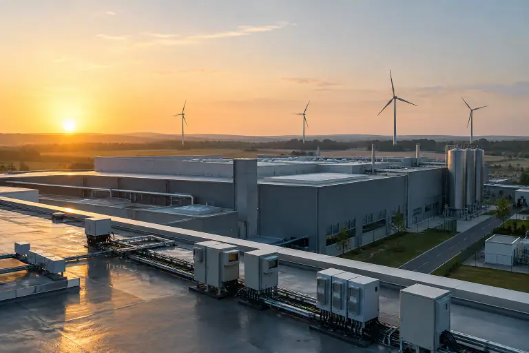 Une usine française et des éoliennes apparaissent dans la lumière du matin.