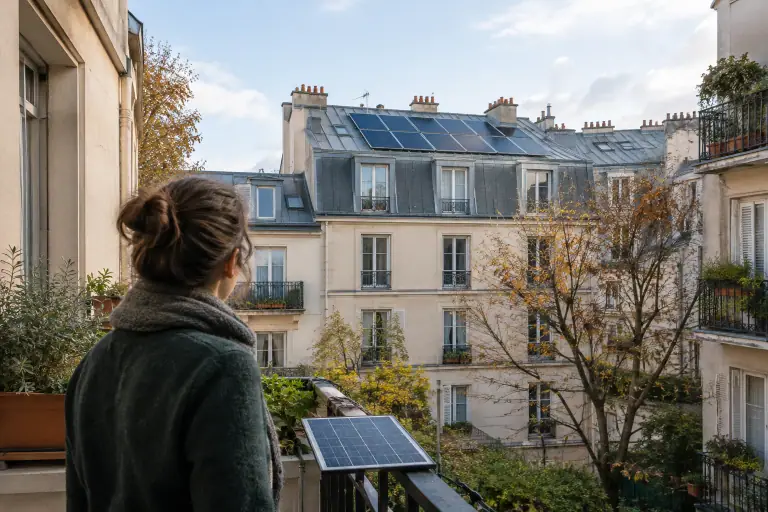Panneaux solaires sur le toit d’un immeuble français et kit installé sur un balcon