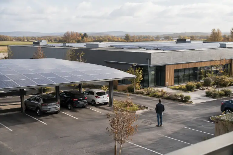 Panneaux photovoltaïques sur la toiture et le parking ombragé d’un site d’entreprise français