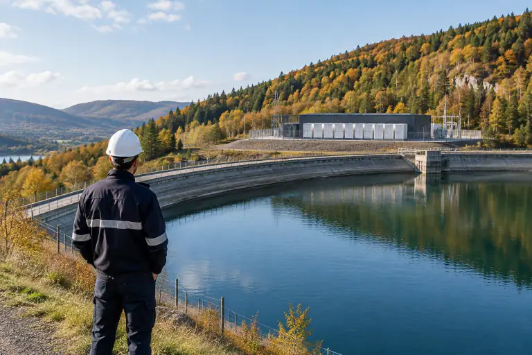 Réservoir d’une STEP et bâtiment de batteries dans un paysage français d’automne