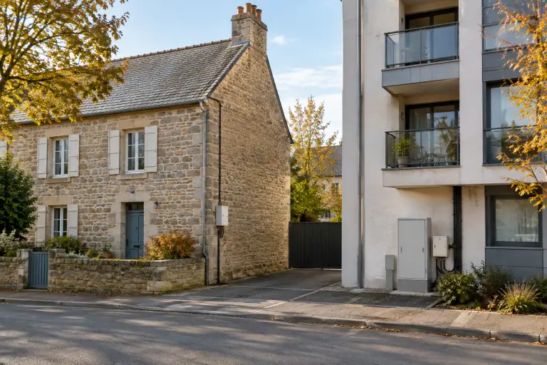 Une maison ancienne et un immeuble moderne partagent une rue française.