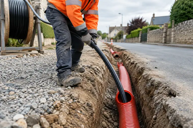 Un câble électrique rejoint une gaine neuve dans une tranchée urbaine.