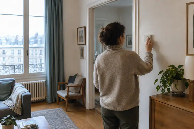 Une personne règle le thermostat mural près d’un radiateur dans un appartement français en hiver