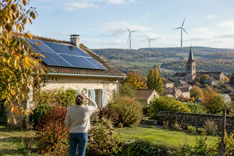 Maison française équipée de panneaux solaires avec des éoliennes visibles au loin
