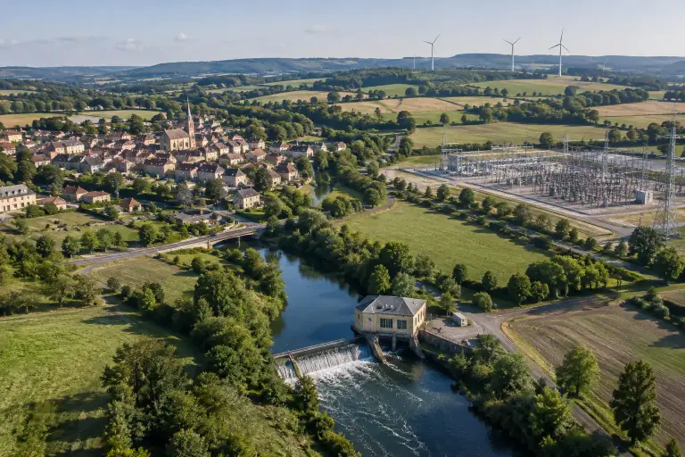 Une vue aérienne relie ville, barrage, éoliennes et poste électrique régionaux.