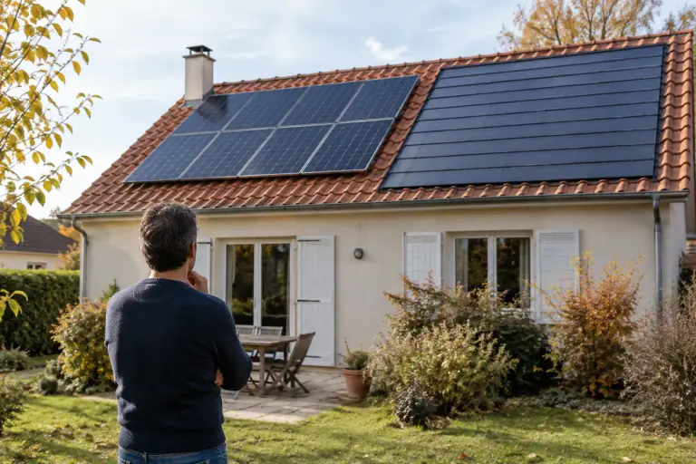 Toiture française équipée de panneaux photovoltaïques foncés et de tuiles solaires
