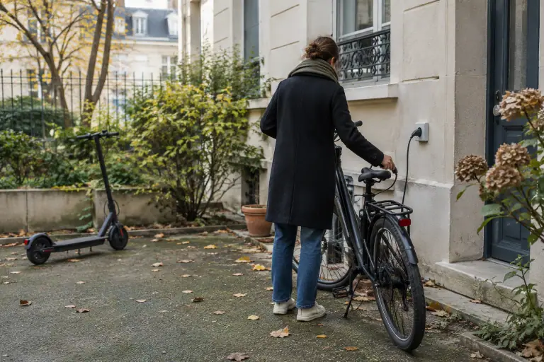 Un vélo électrique en recharge dans la cour d’un immeuble français, avec une trottinette à proximité