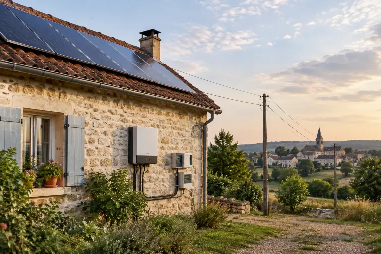 Des panneaux solaires alimentent une ferme reliée au réseau électrique du village.