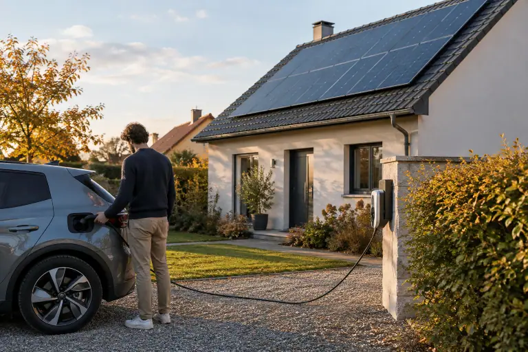 Voiture électrique branchée devant une maison équipée de panneaux solaires en automne